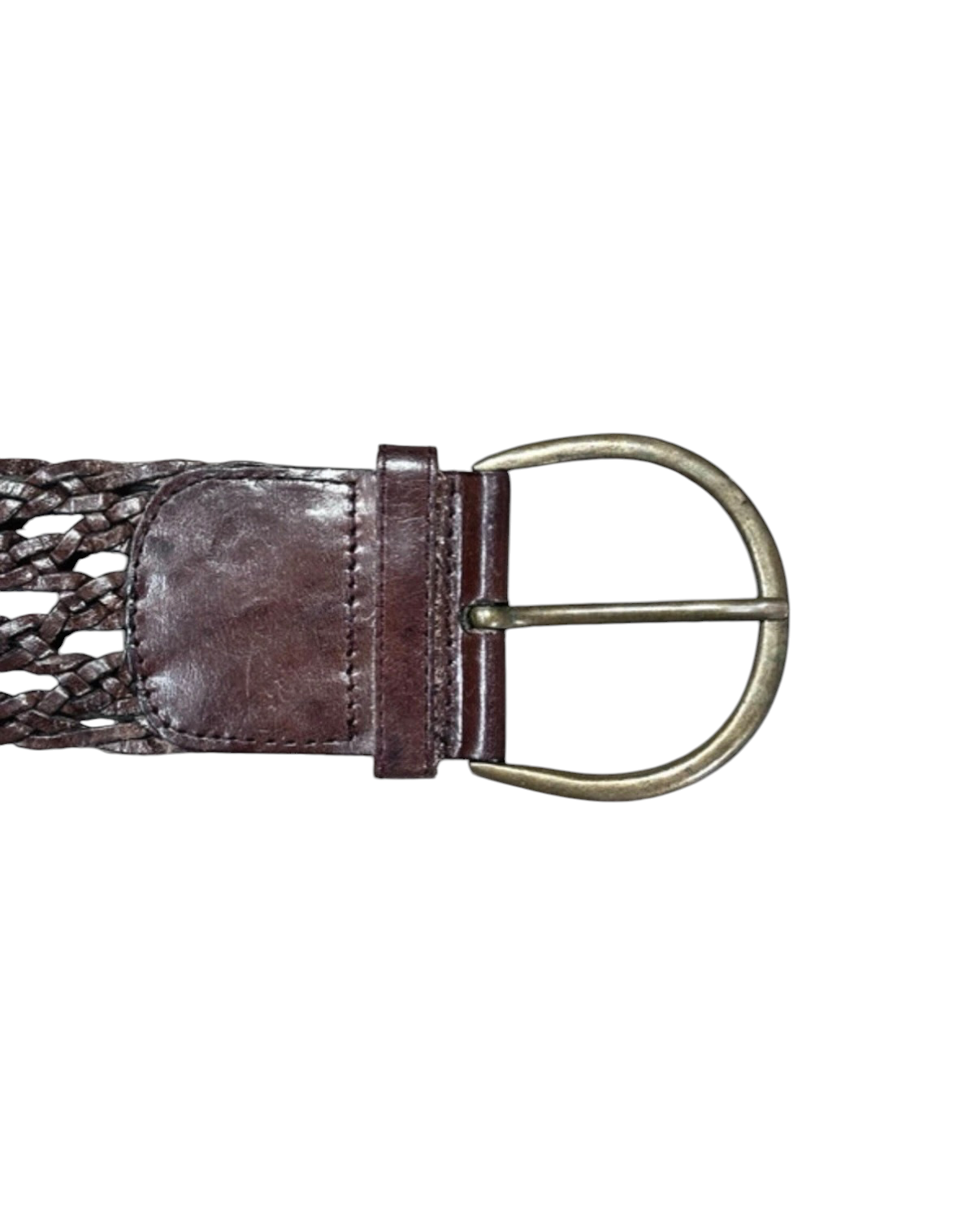 Vintage Brown Braided Leather Belt with Brass Buckle - 32W
