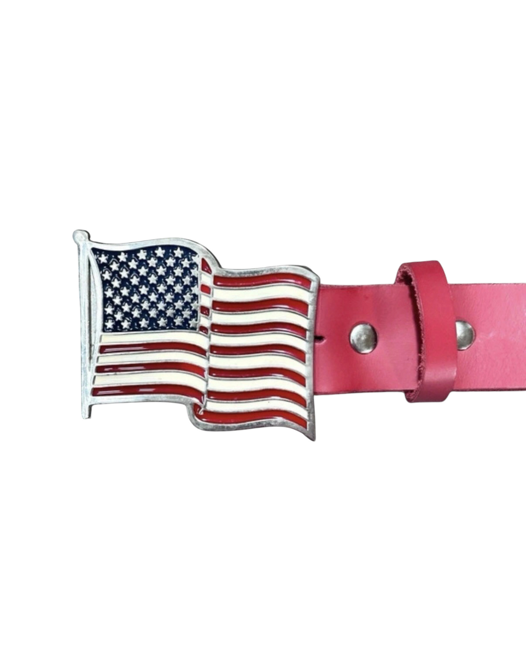 Vintage Red Leather Belt with American Flag Buckle - 36W