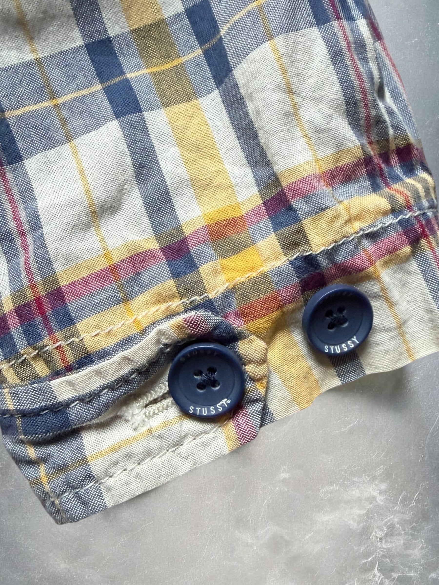 Vintage Stussy Plaid Yellow, Navy & White Long Sleeve Shirt