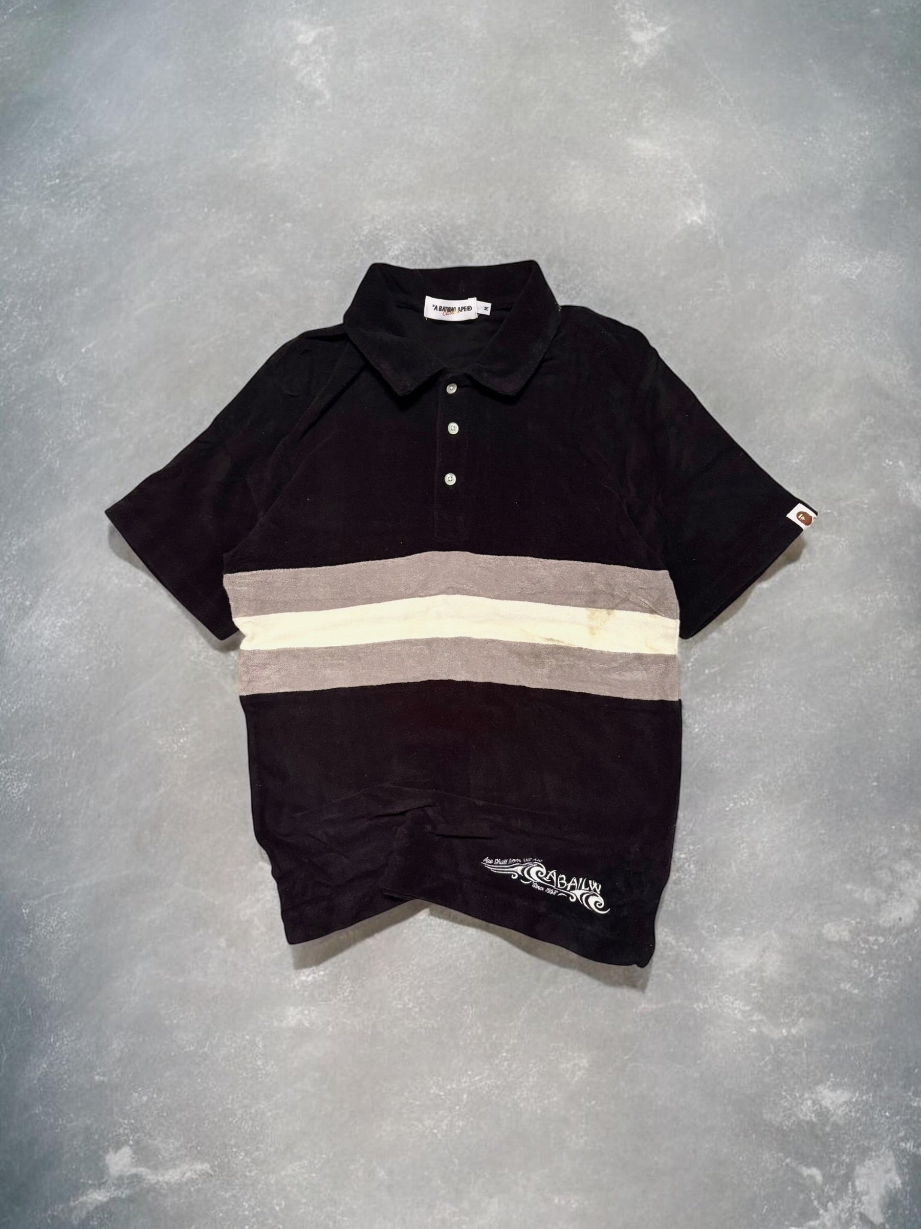 Vintage BAPE Black Cotton Cream Striped Polo Shirt