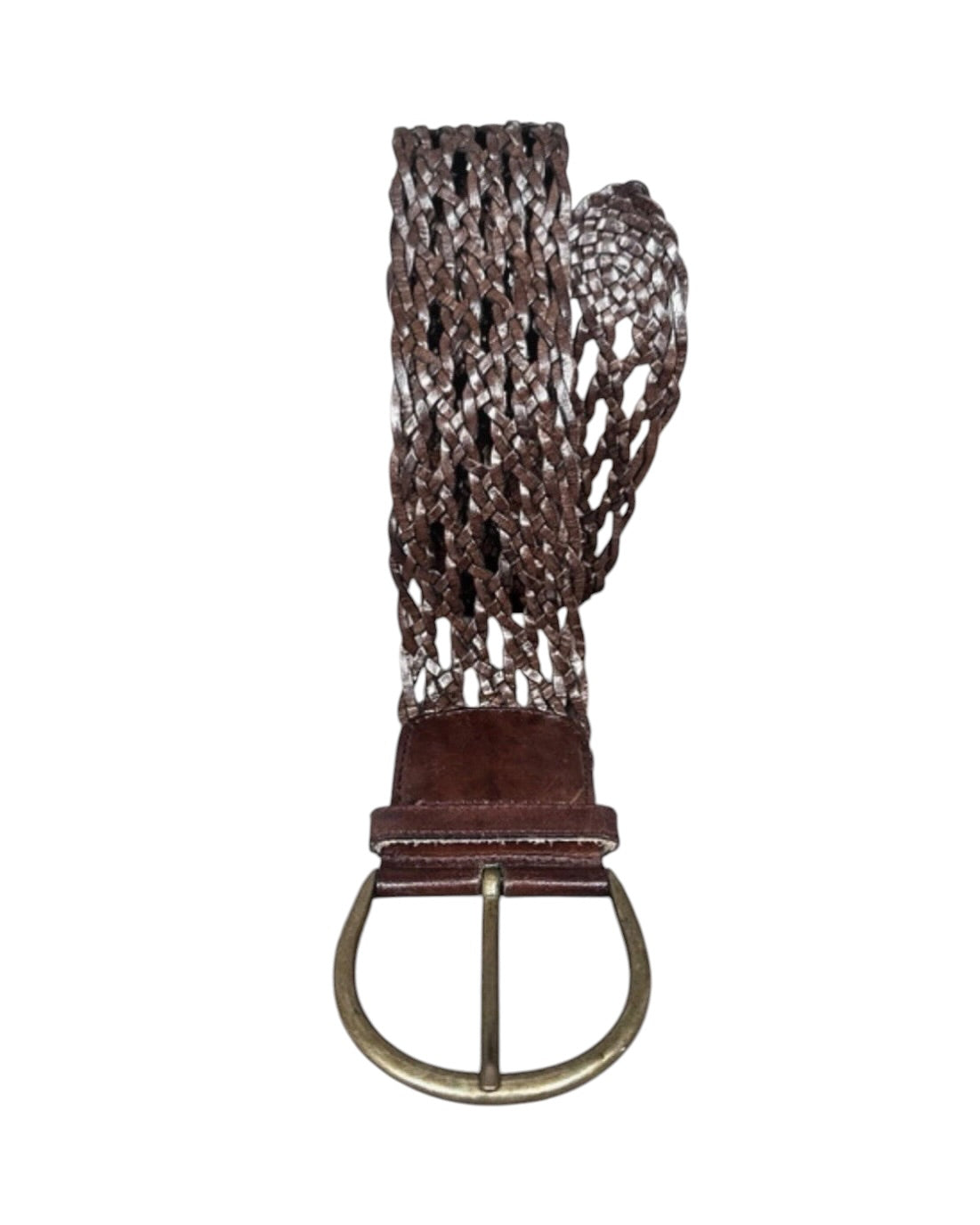 Vintage Brown Braided Leather Belt with Brass Buckle - 32W