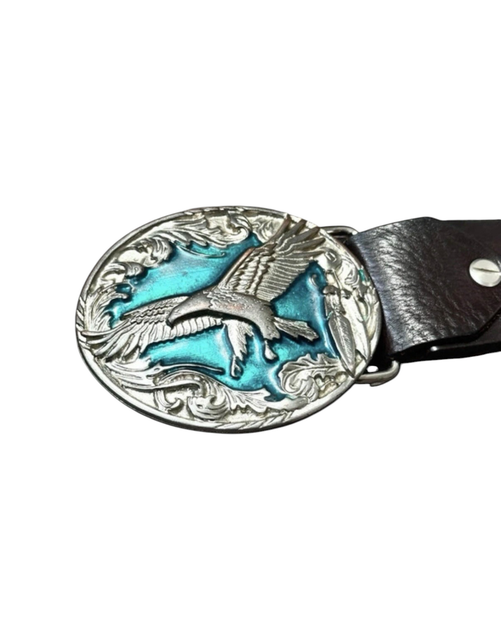 Vintage Western Leather Belt With Turquoise Bird Buckle - 42W