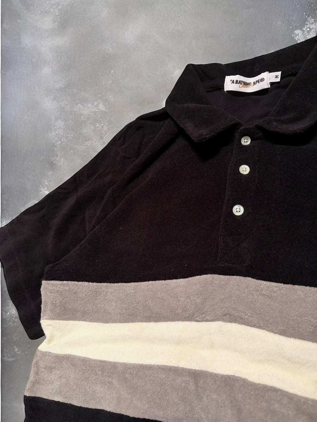 Vintage BAPE Black Cotton Cream Striped Polo Shirt
