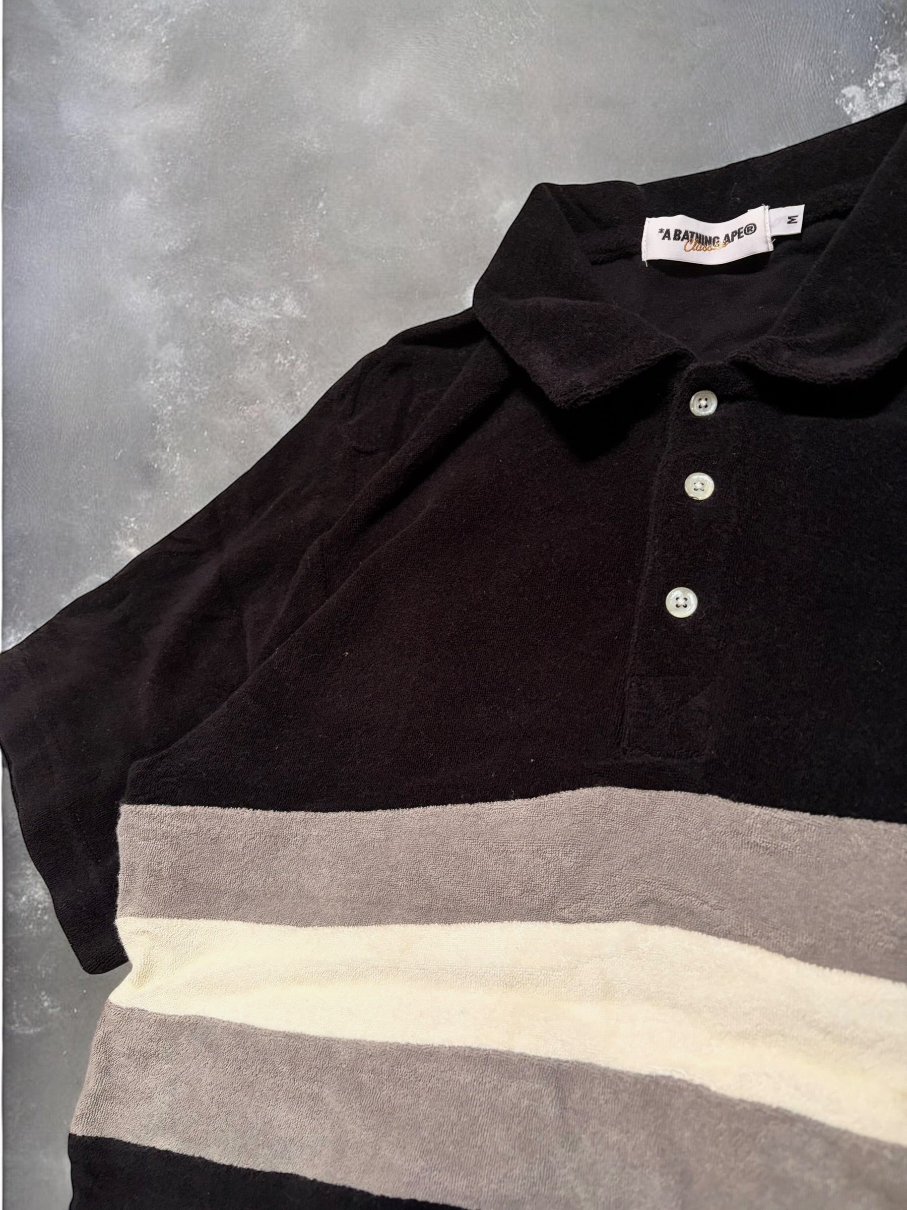 Vintage BAPE Black Cotton Cream Striped Polo Shirt
