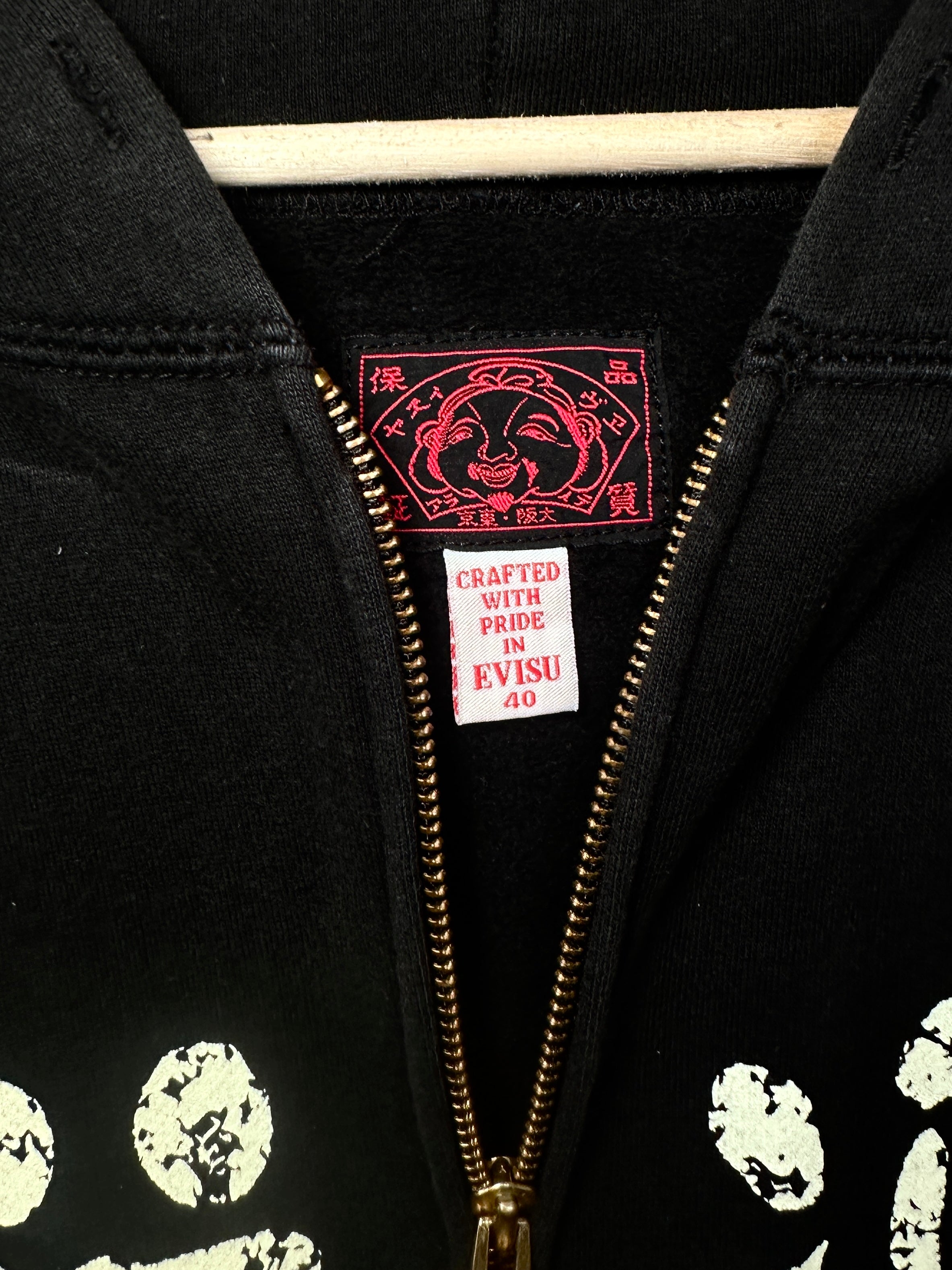Evisu Vintage Print Zip Up Black Hoodie