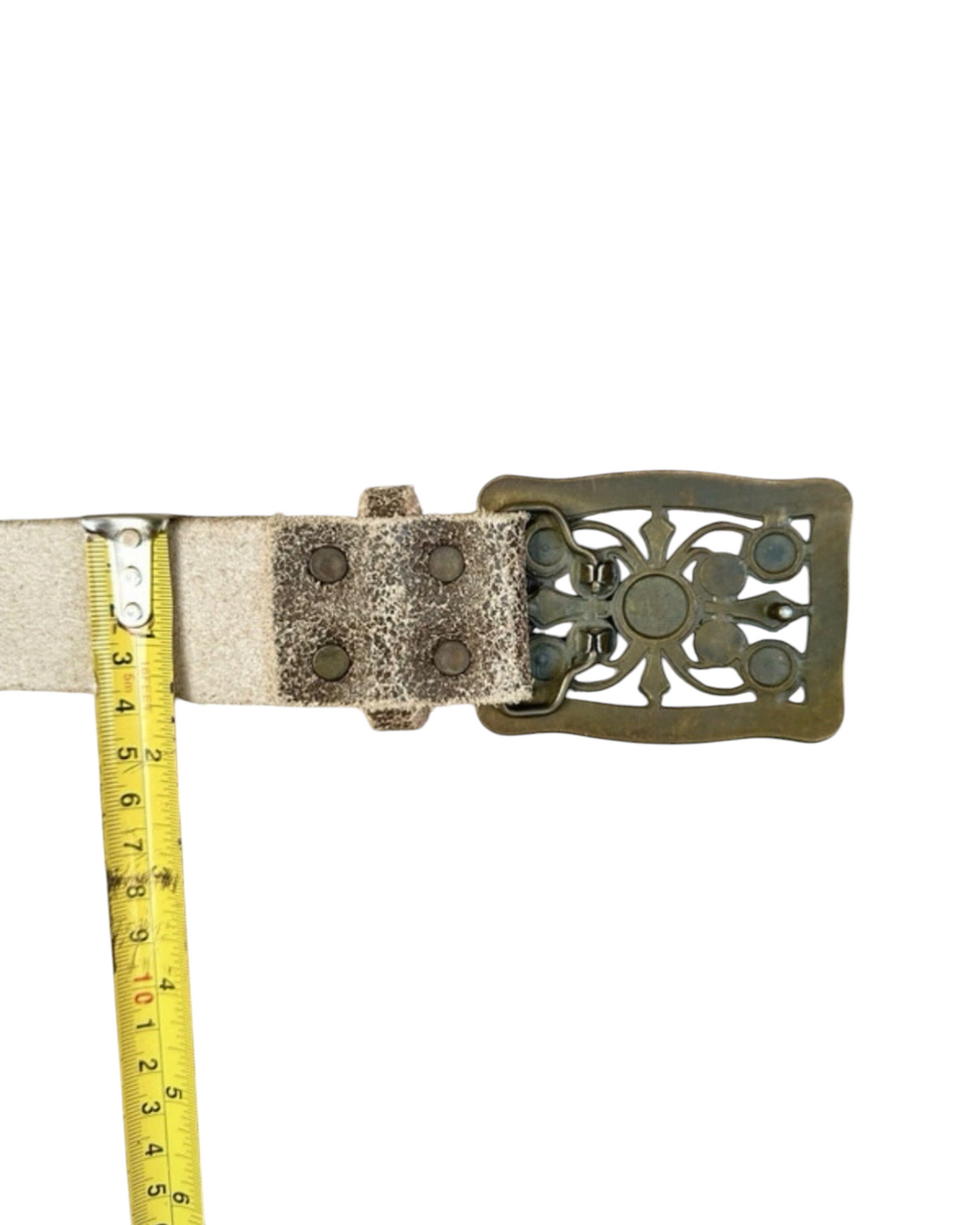 Vintage Worn Leather Belt with Embellished Buckle - 38