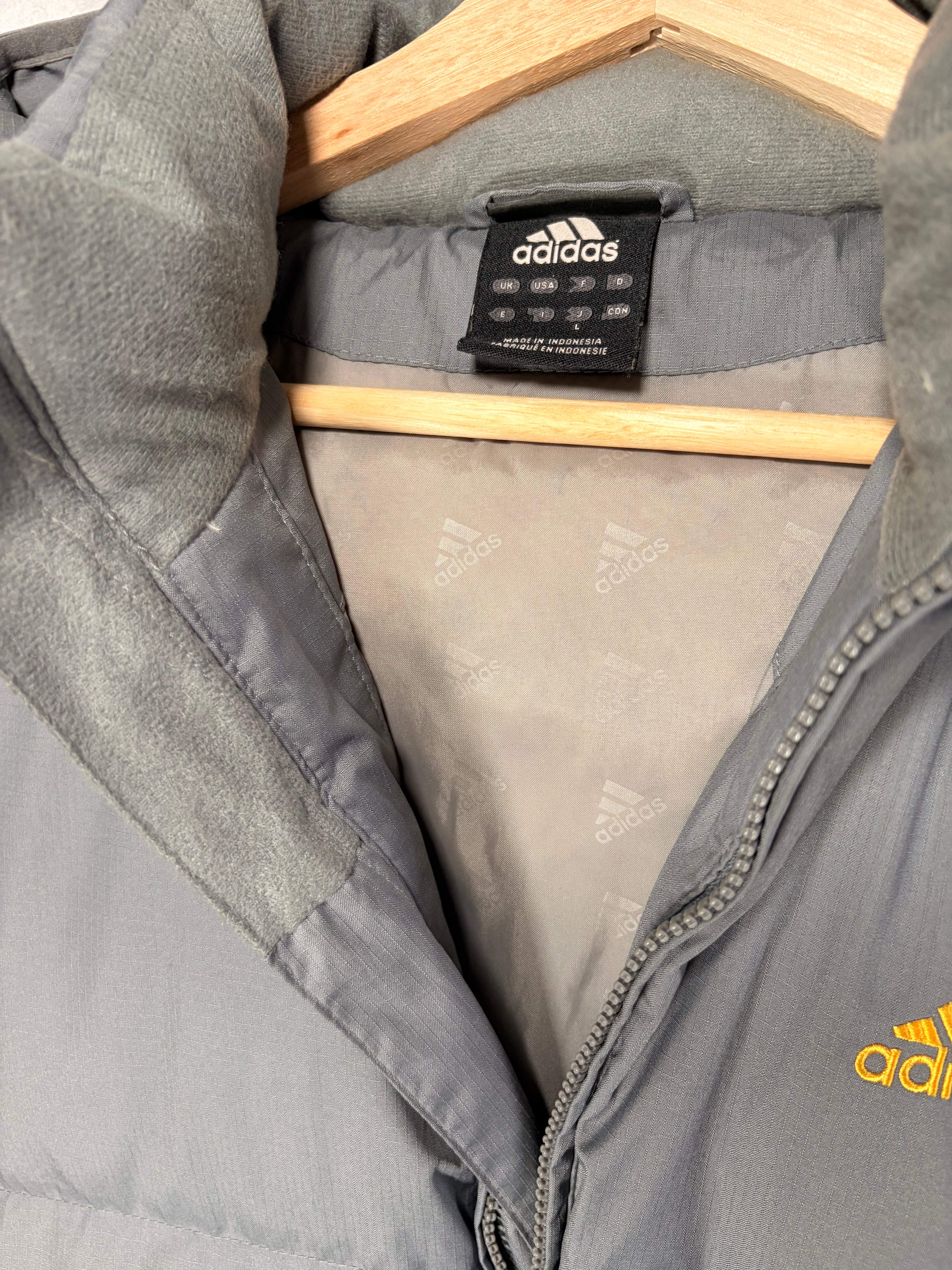 Adidas Vintage Grey & Yellow Trim Lined Puffer Coat