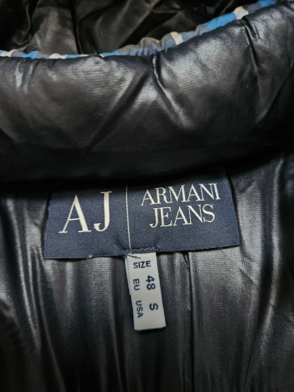Armani Jeans Navy & Black Plaid Reversible Technical Puffer Coat