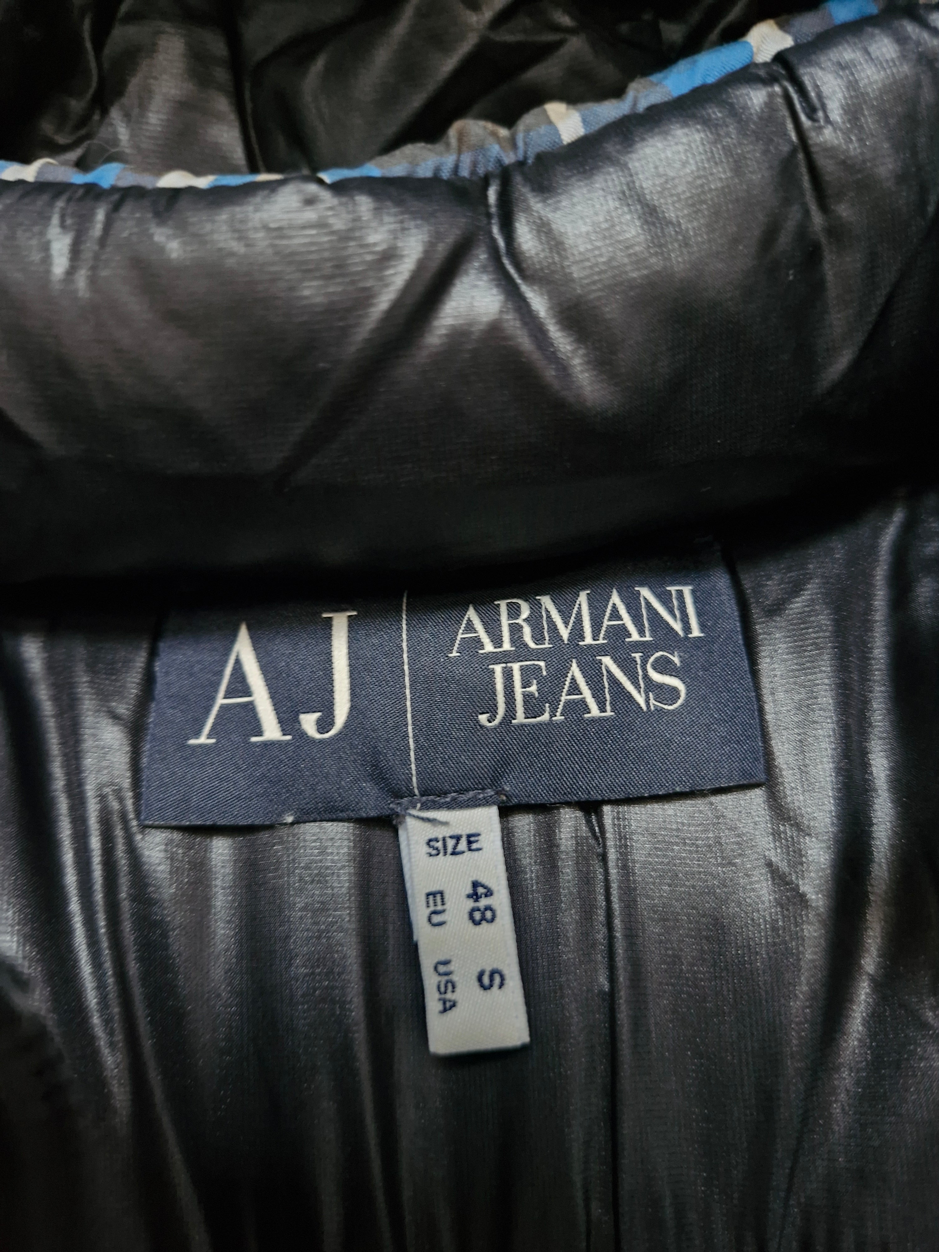 Armani Jeans Navy & Black Plaid Reversible Technical Puffer Coat