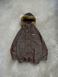 Vintage Funky Jack Fur Hood Fireman Clasp Brown Plaid Bomber Jacket