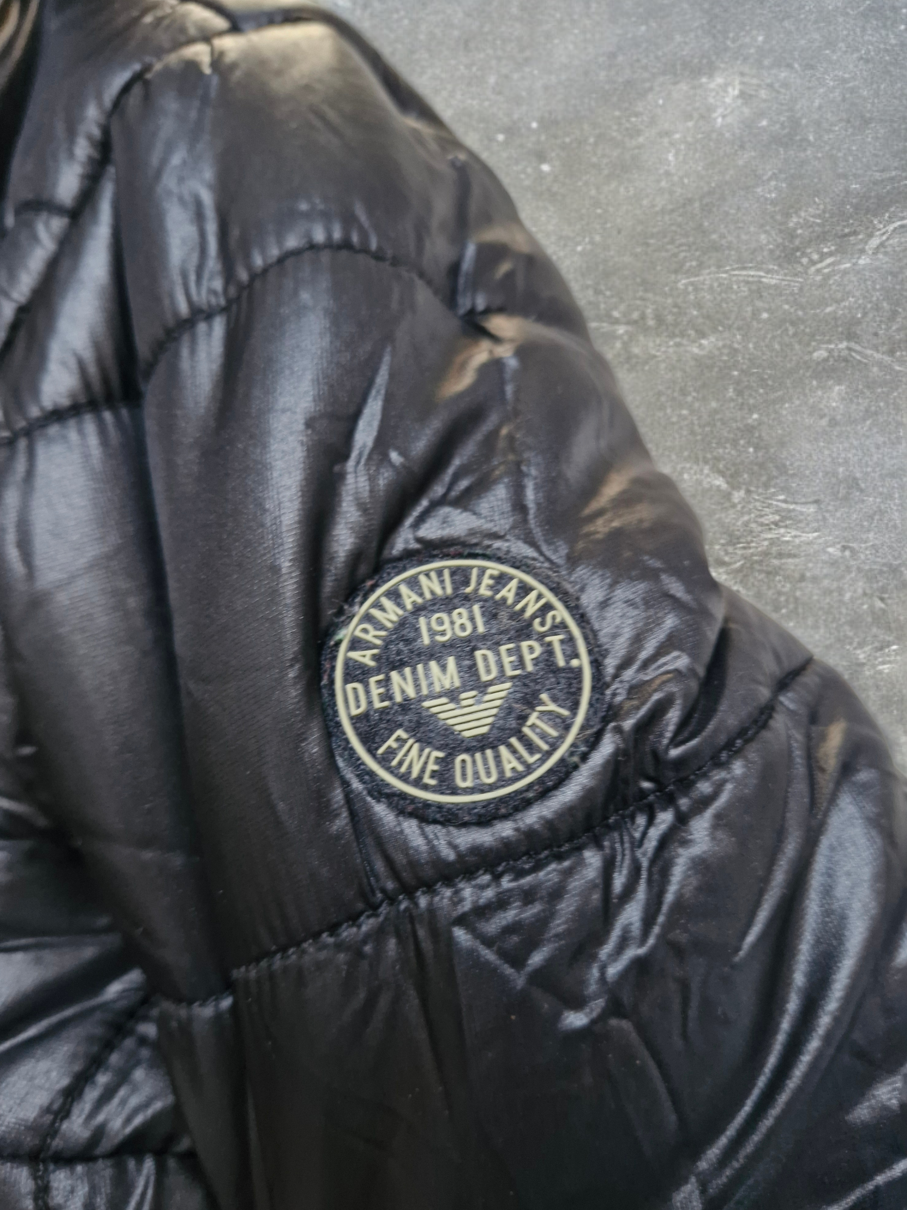 Armani Jeans Navy & Black Plaid Reversible Technical Puffer Coat