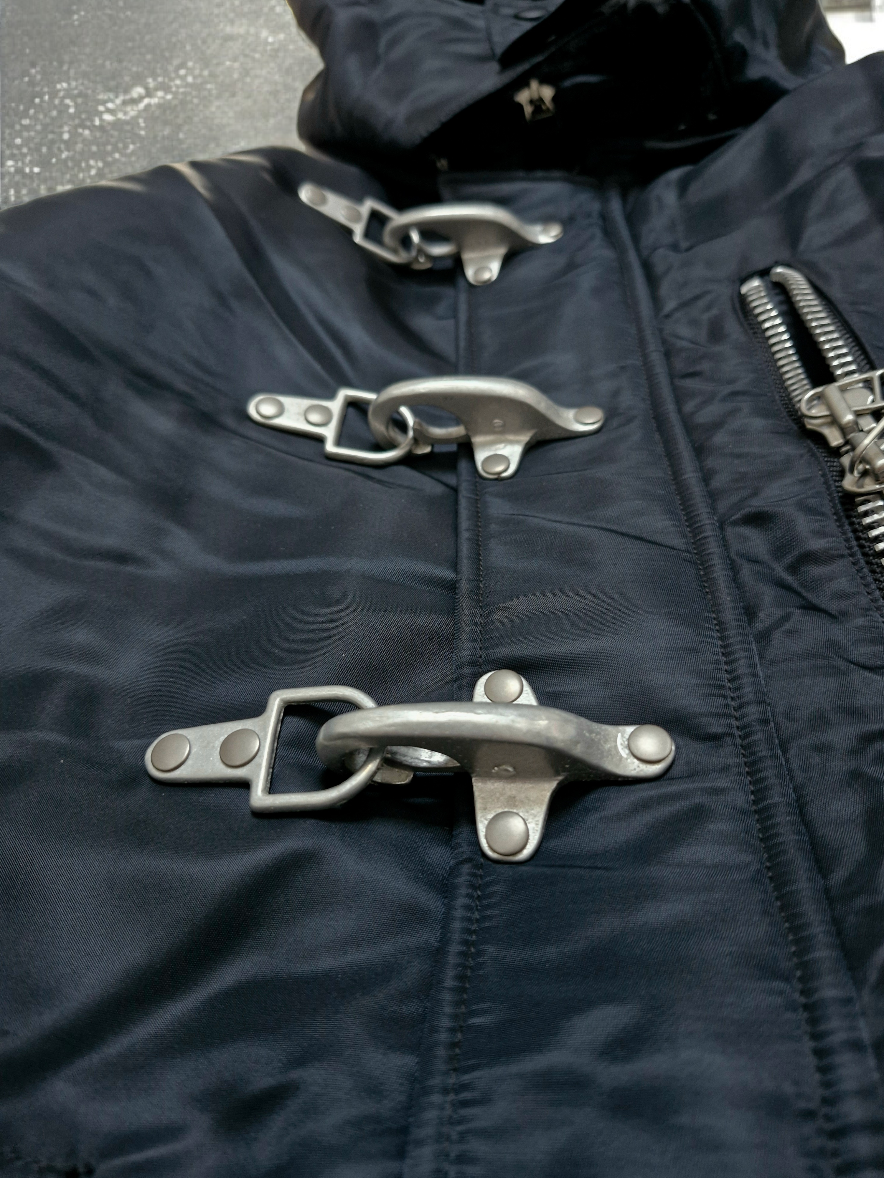 Vintage Black Fireman Metal Clasp Fur Lined Technical Quilted Bomber Jacket