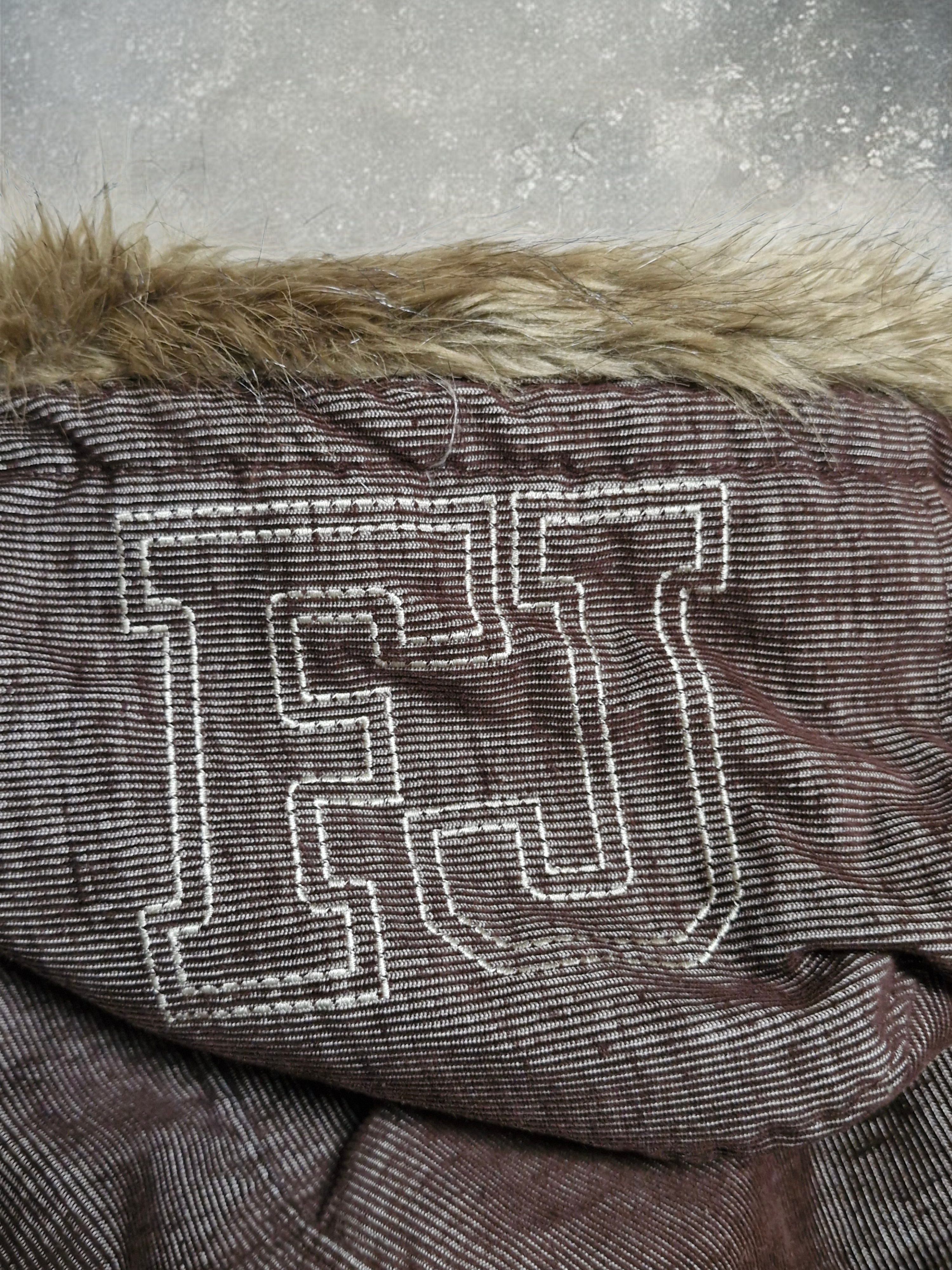 Vintage Funky Jack Fur Hood Fireman Clasp Brown Plaid Bomber Jacket