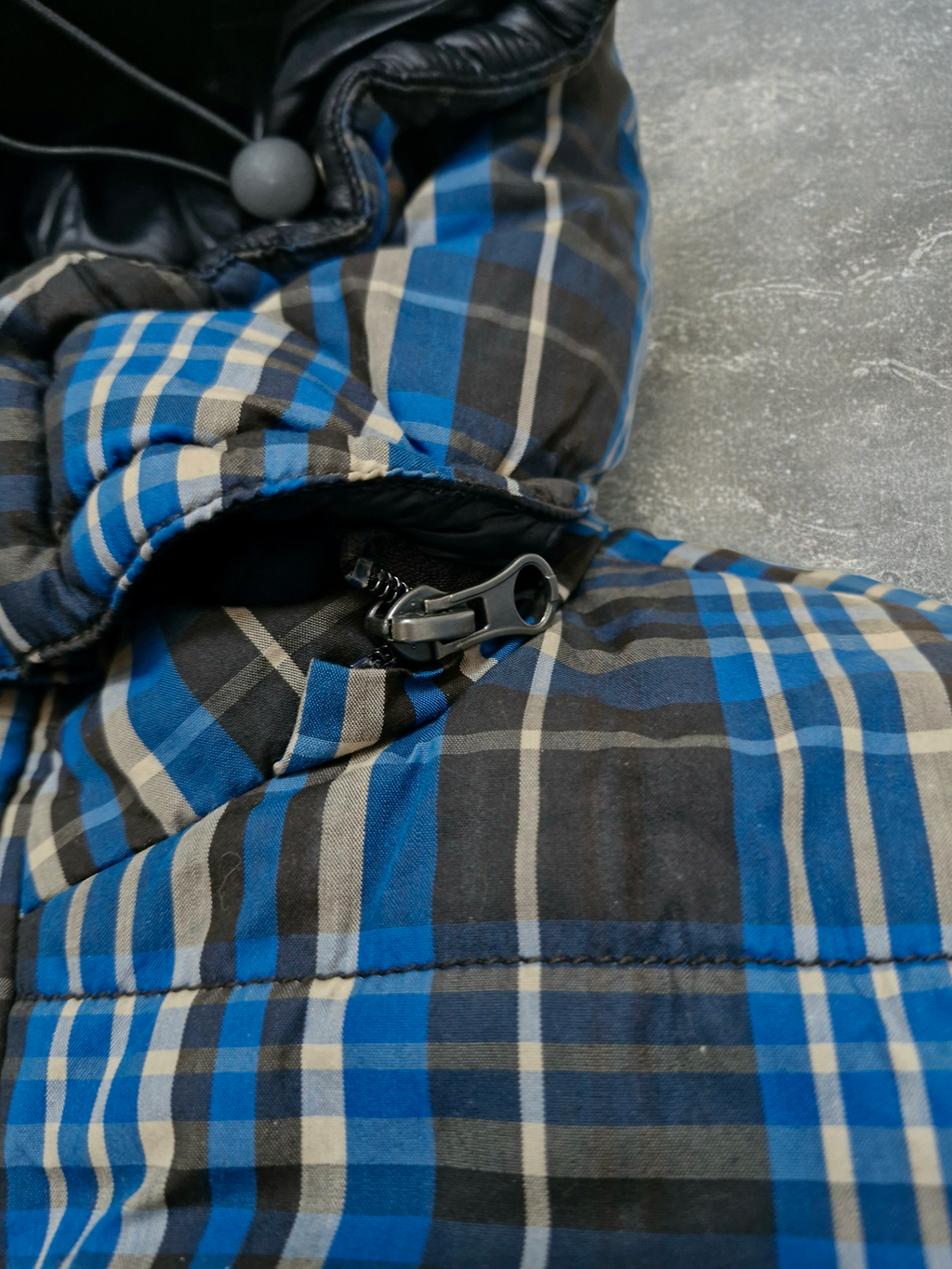 Armani Jeans Navy & Black Plaid Reversible Technical Puffer Coat