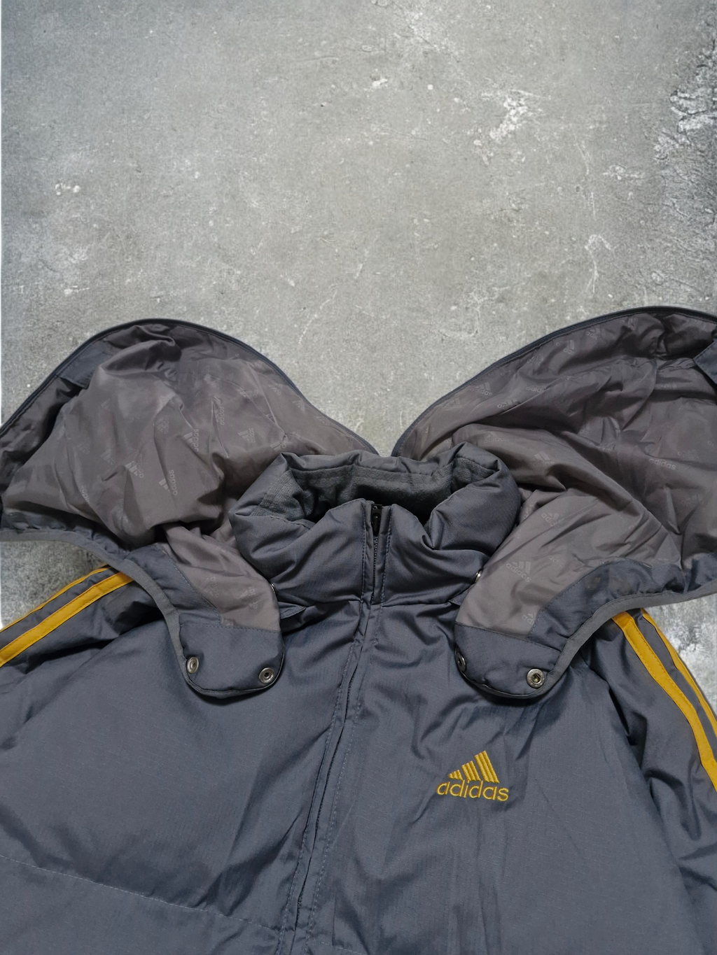 Adidas Vintage Y2K Grey & Yellow Trim Lined Technical Puffer Coat
