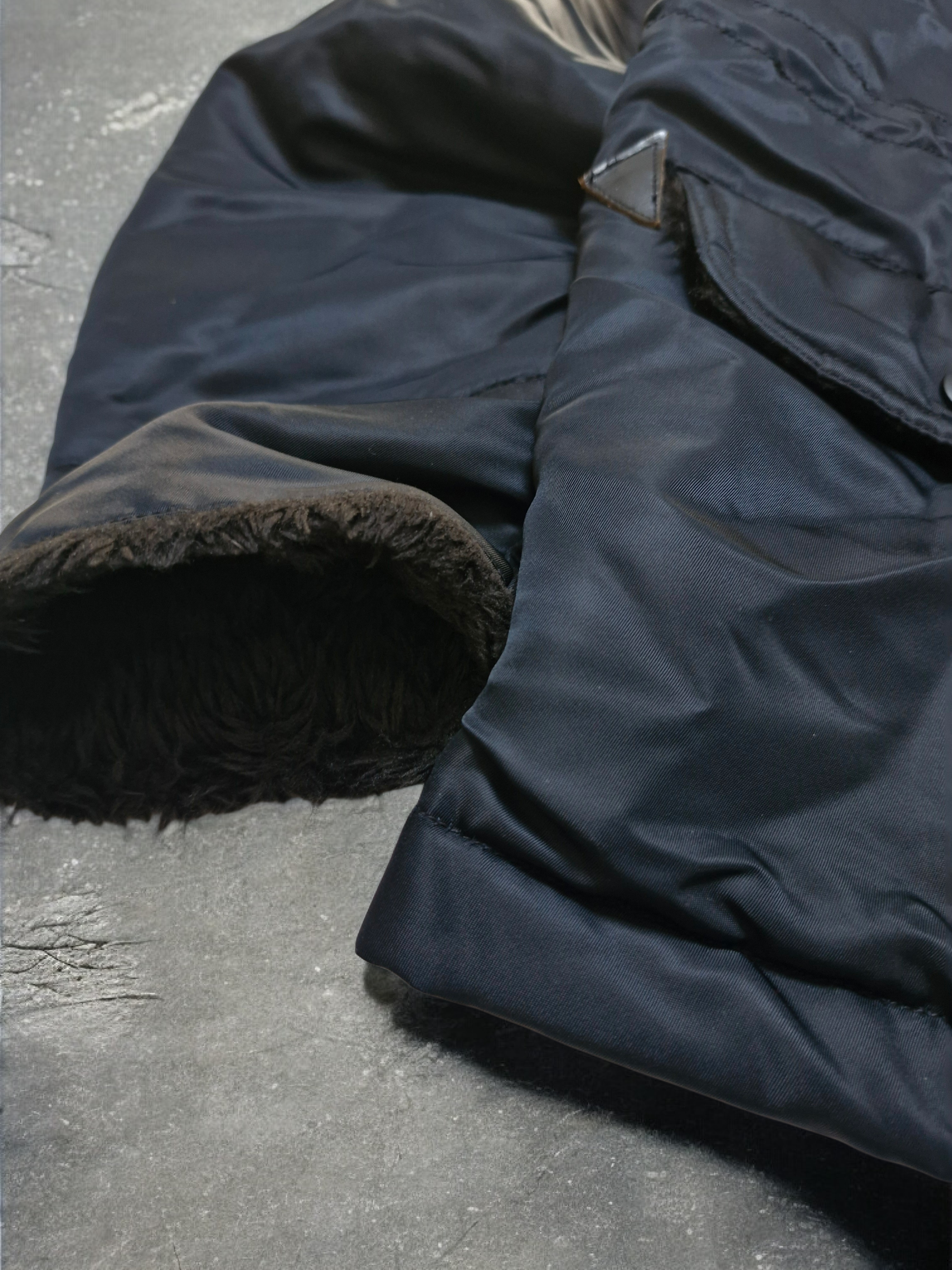 Vintage Black Fireman Metal Clasp Fur Lined Technical Quilted Bomber Jacket