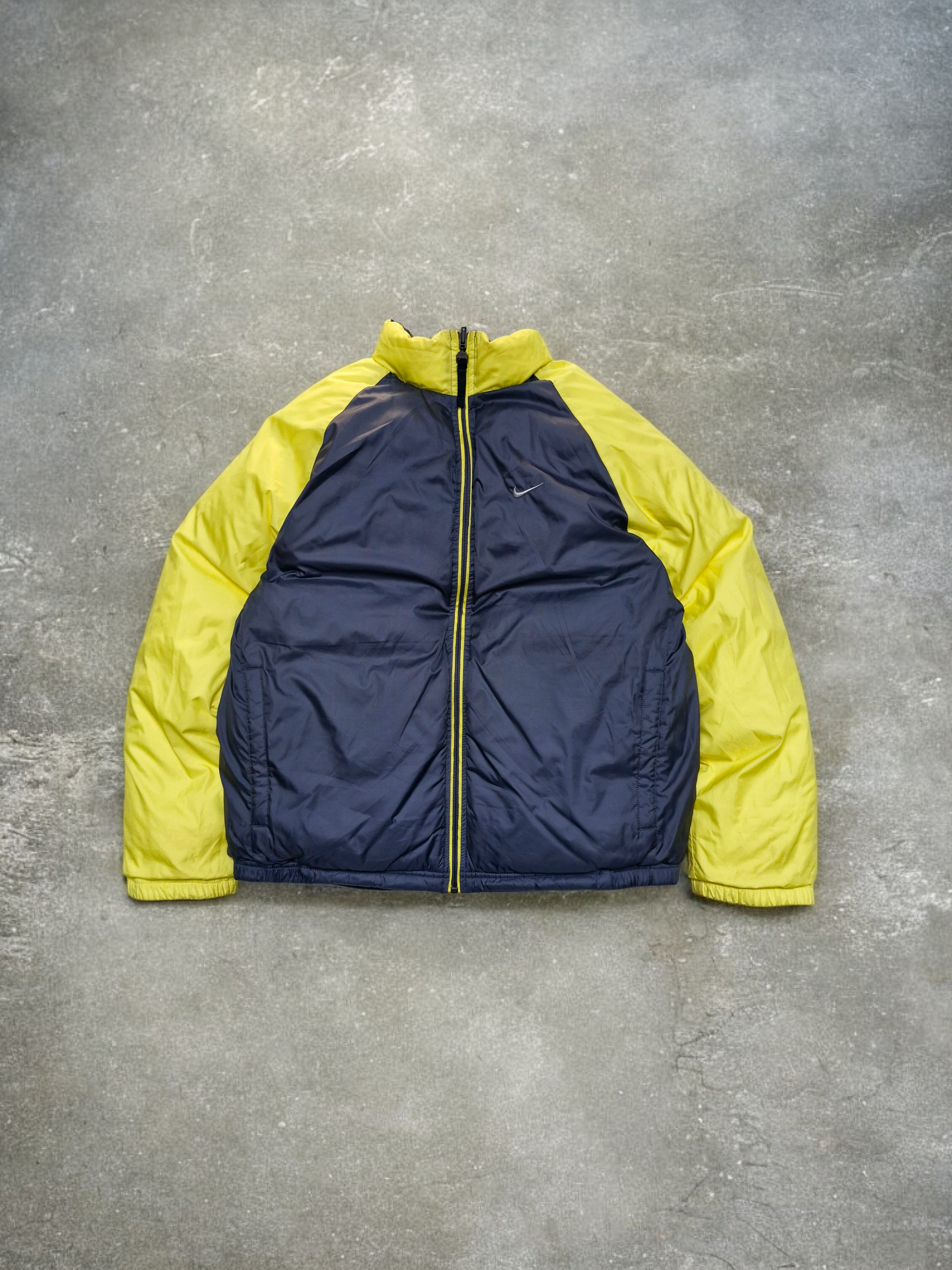 Nike Vintage Y2K Grey & Yellow Reversible Trim Lined Puffer Coat