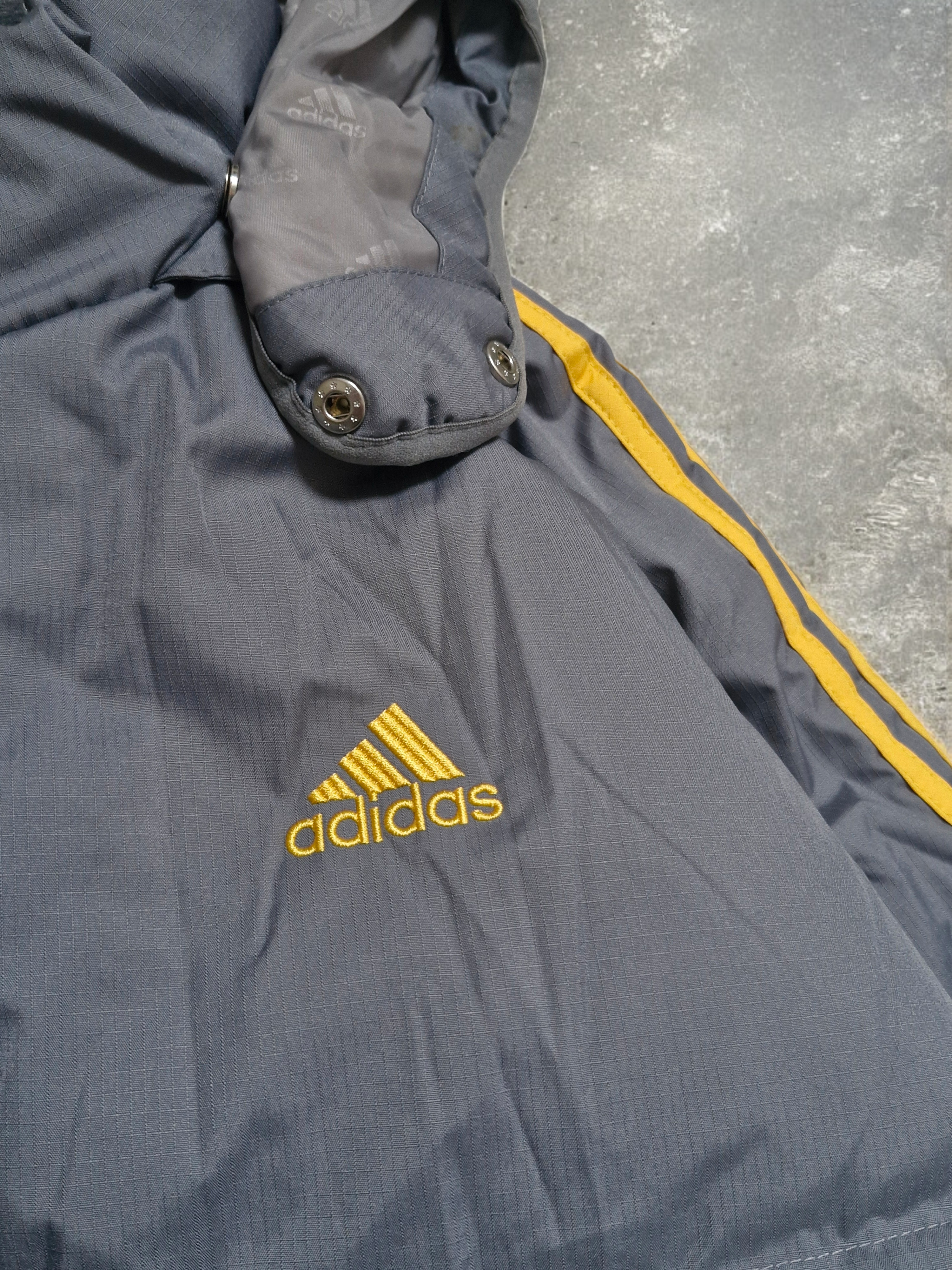 Adidas Vintage Y2K Grey & Yellow Trim Lined Technical Puffer Coat