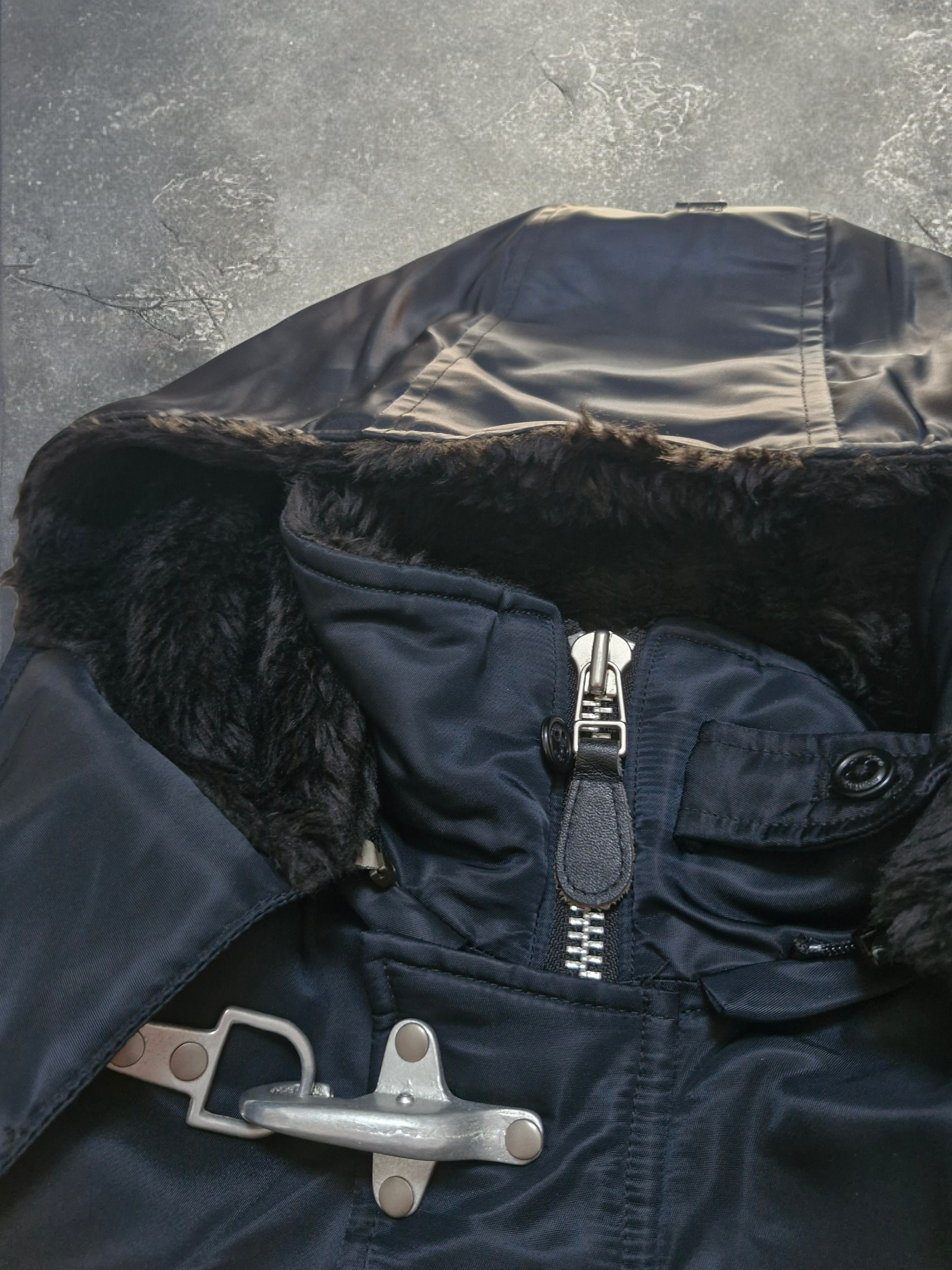 Vintage Black Fireman Metal Clasp Fur Lined Technical Quilted Bomber Jacket